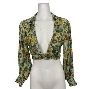 Anthropologie Twist Crop Top Blouse  ONLY XXS 2XS Green Motif MISSING BRA